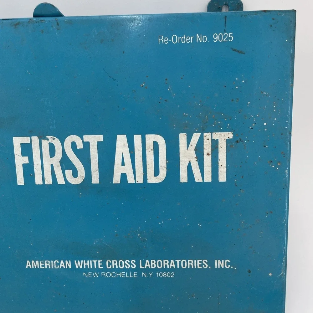 Steel Wall Mount First Aid Kit White Cross Lab Factory Industrial Film Prop Vtg